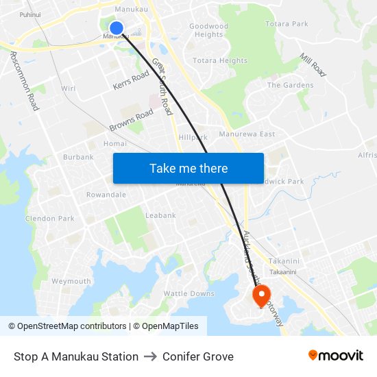 Stop A Manukau Station to Conifer Grove map