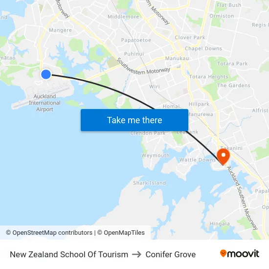 New Zealand School Of Tourism to Conifer Grove map