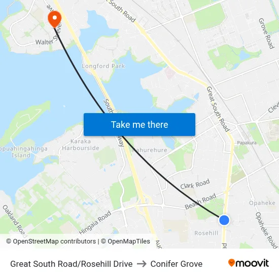 Great South Road/Rosehill Drive to Conifer Grove map