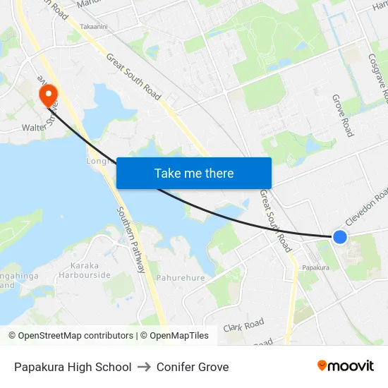 Papakura High School to Conifer Grove map
