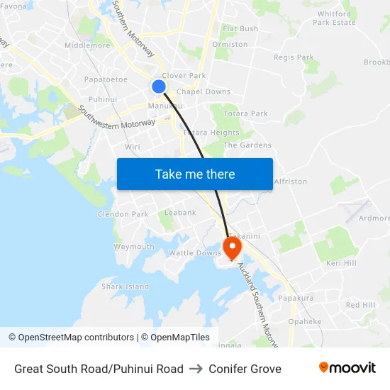 Great South Road/Puhinui Road to Conifer Grove map