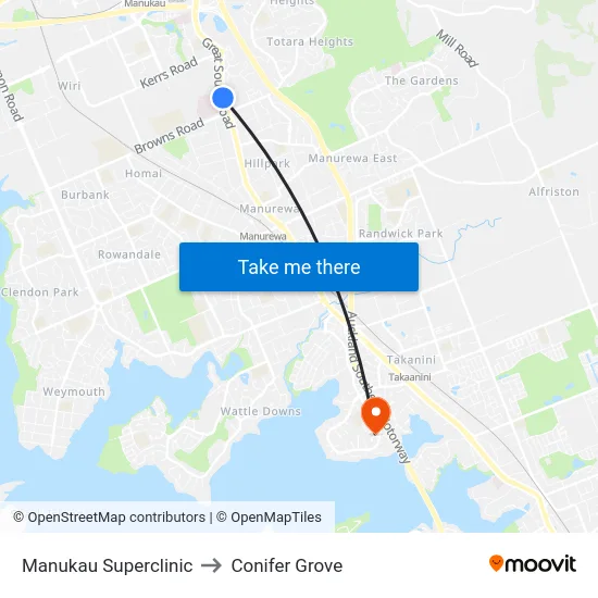 Manukau Superclinic to Conifer Grove map