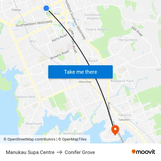 Manukau Supa Centre to Conifer Grove map