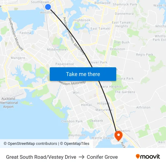 Great South Road/Vestey Drive to Conifer Grove map
