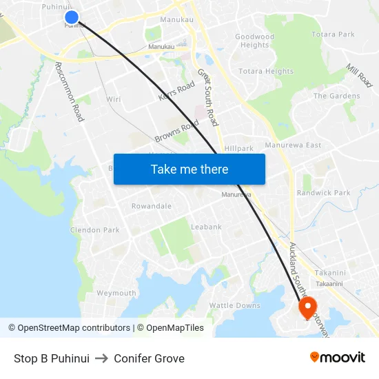Stop B Puhinui to Conifer Grove map