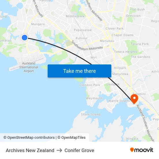 Archives New Zealand to Conifer Grove map