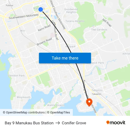 Bay 9 Manukau Bus Station to Conifer Grove map