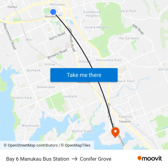 Bay 6 Manukau Bus Station to Conifer Grove map