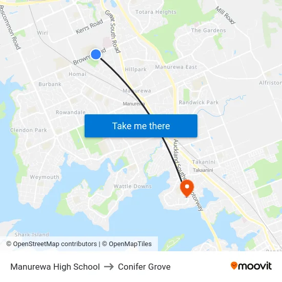 Manurewa High School to Conifer Grove map