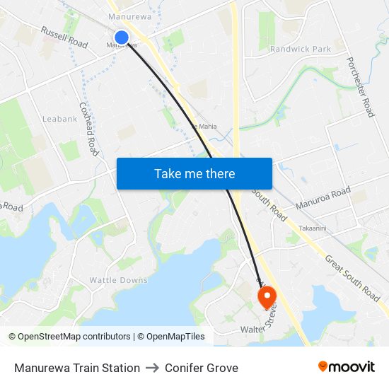 Manurewa Train Station to Conifer Grove map