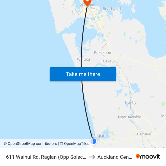 611 Wainui Rd, Raglan (Opp Solscape) to Auckland Central map