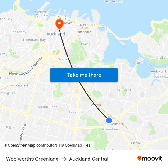 Woolworths Greenlane to Auckland Central map