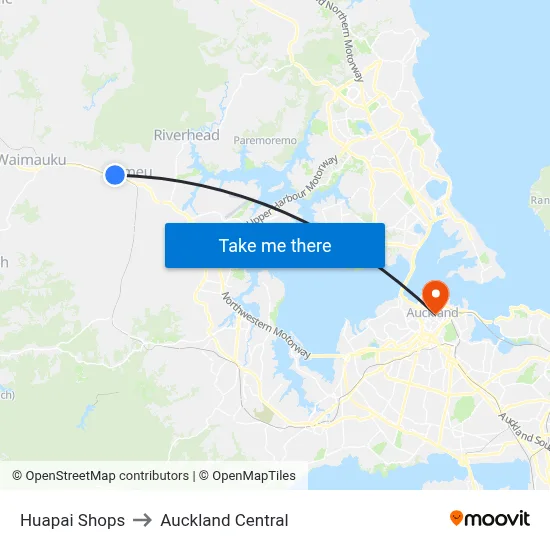 Huapai Shops to Auckland Central map
