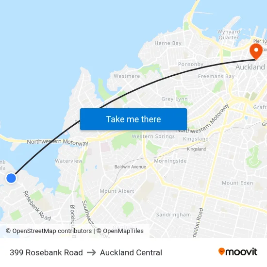 399 Rosebank Road to Auckland Central map