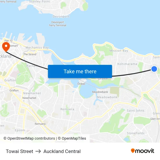 Towai Street to Auckland Central map