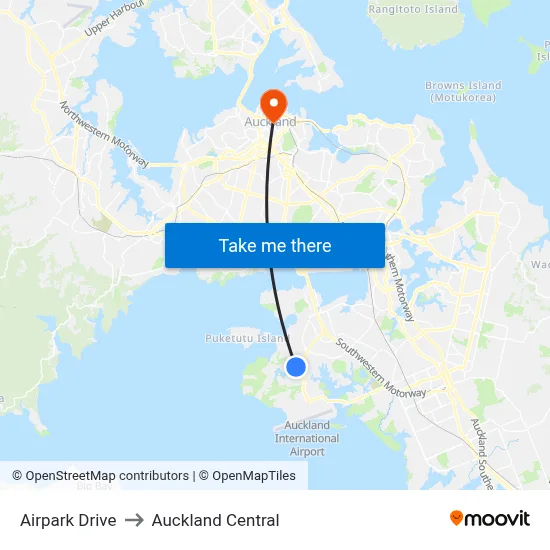 Airpark Drive to Auckland Central map