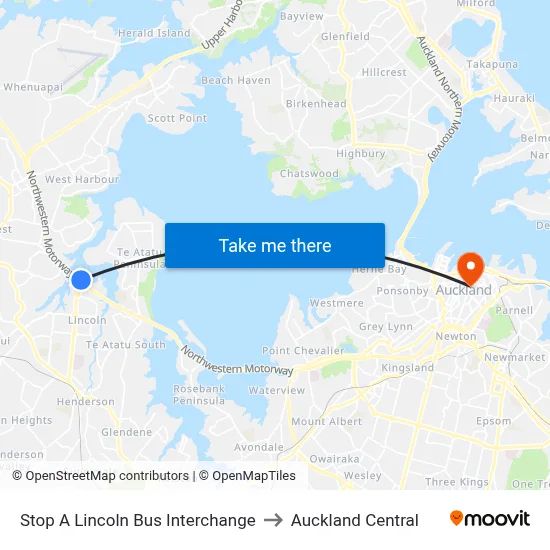 Stop A Lincoln Bus Interchange to Auckland Central map