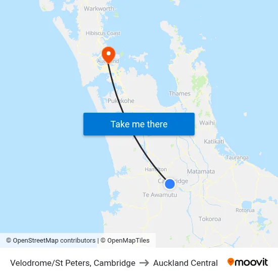 Velodrome/St Peters, Cambridge to Auckland Central map