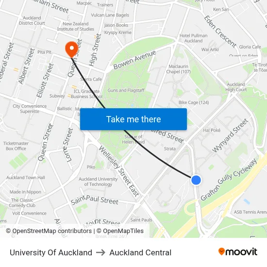 University Of Auckland to Auckland Central map