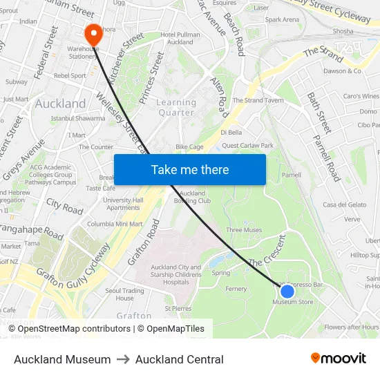 Auckland Museum to Auckland Central map