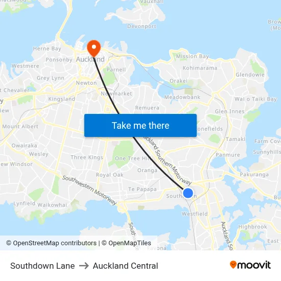 Southdown Lane to Auckland Central map