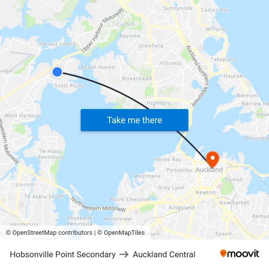 Hobsonville Point Secondary to Auckland Central map