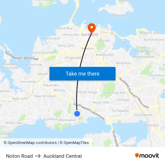 Noton Road to Auckland Central map