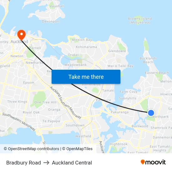 Bradbury Road to Auckland Central map