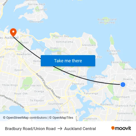 Bradbury Road/Union Road to Auckland Central map