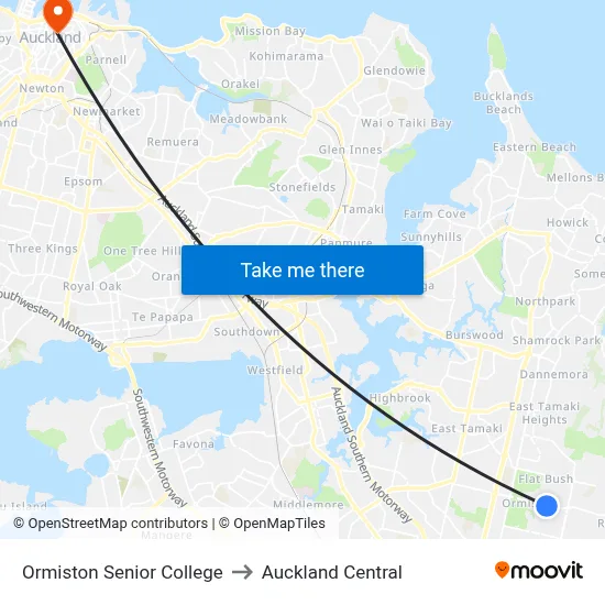 Ormiston Senior College to Auckland Central map