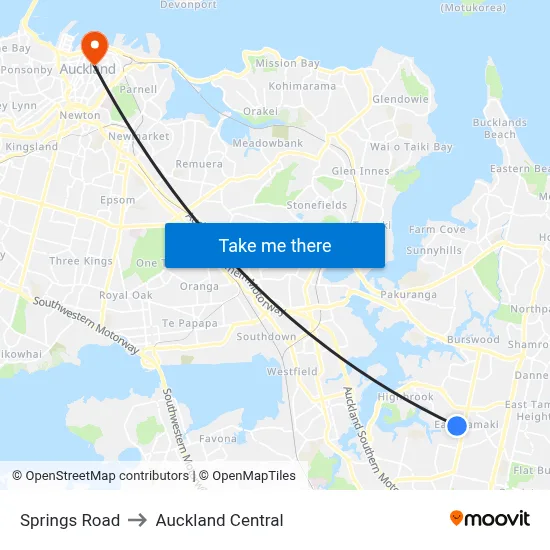 Springs Road to Auckland Central map