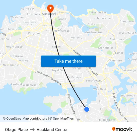 Otago Place to Auckland Central map