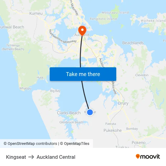 Kingseat to Auckland Central map