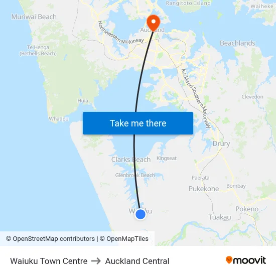 Waiuku Town Centre to Auckland Central map