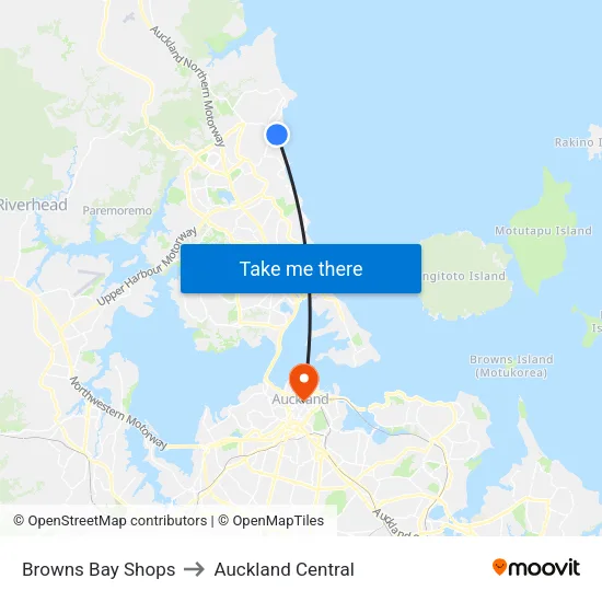 Browns Bay Shops to Auckland Central map