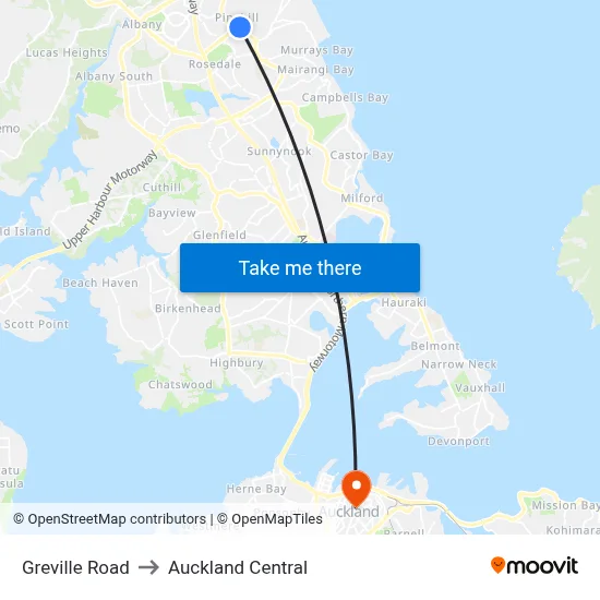 Greville Road to Auckland Central map