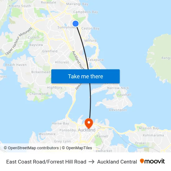 East Coast Road/Forrest Hill Road to Auckland Central map