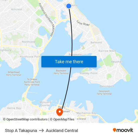 Stop A Takapuna to Auckland Central map