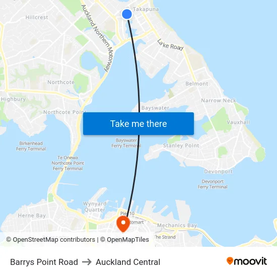 Barrys Point Road to Auckland Central map