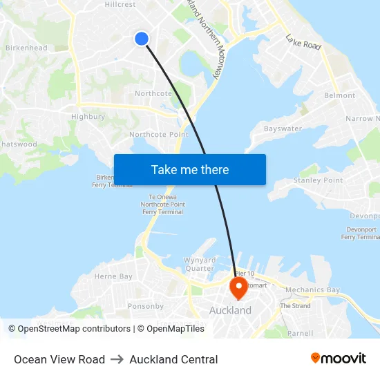 Ocean View Road to Auckland Central map