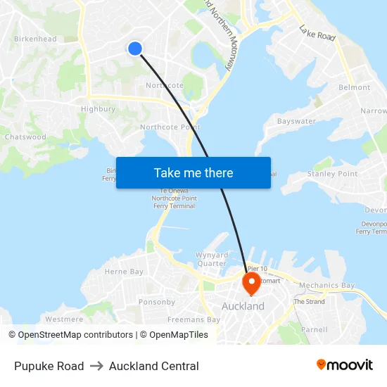 Pupuke Road to Auckland Central map
