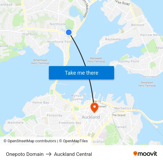 Onepoto Domain to Auckland Central map