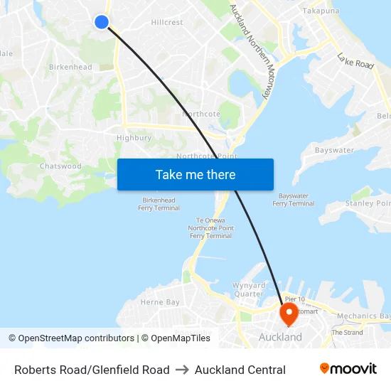 Roberts Road/Glenfield Road to Auckland Central map