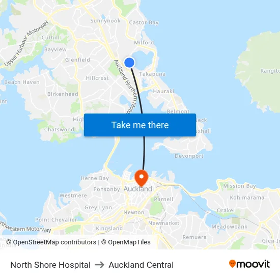 North Shore Hospital to Auckland Central map