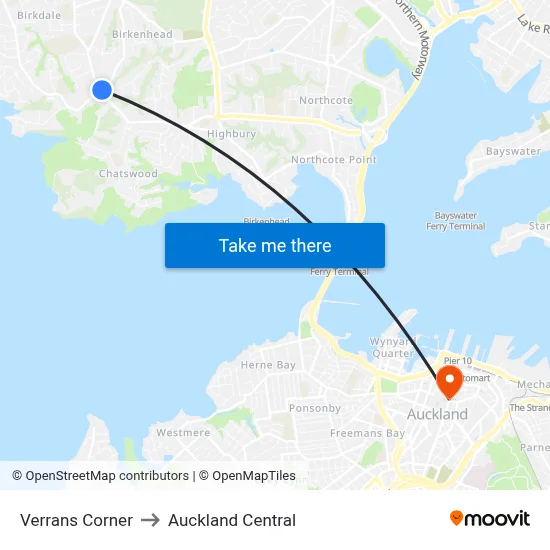 Verrans Corner to Auckland Central map