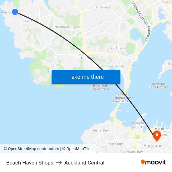 Beach Haven Shops to Auckland Central map