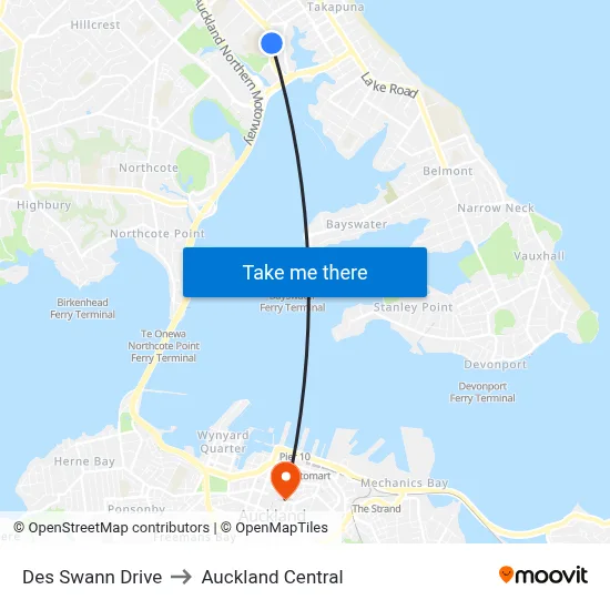 Des Swann Drive to Auckland Central map