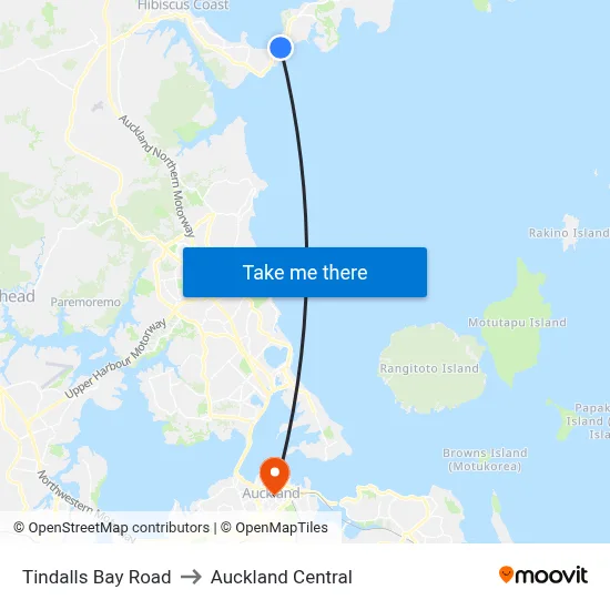 Tindalls Bay Road to Auckland Central map