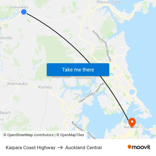 Kaipara Coast Highway to Auckland Central map