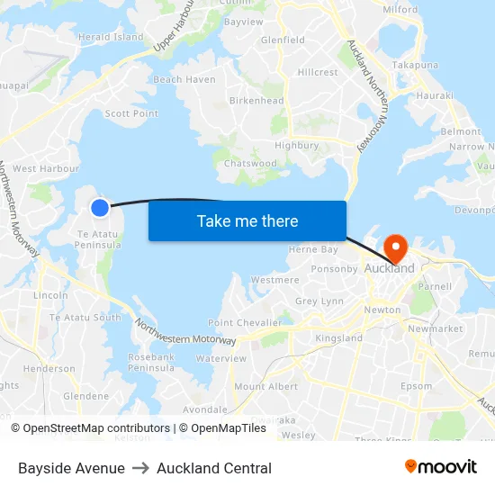 Bayside Avenue to Auckland Central map